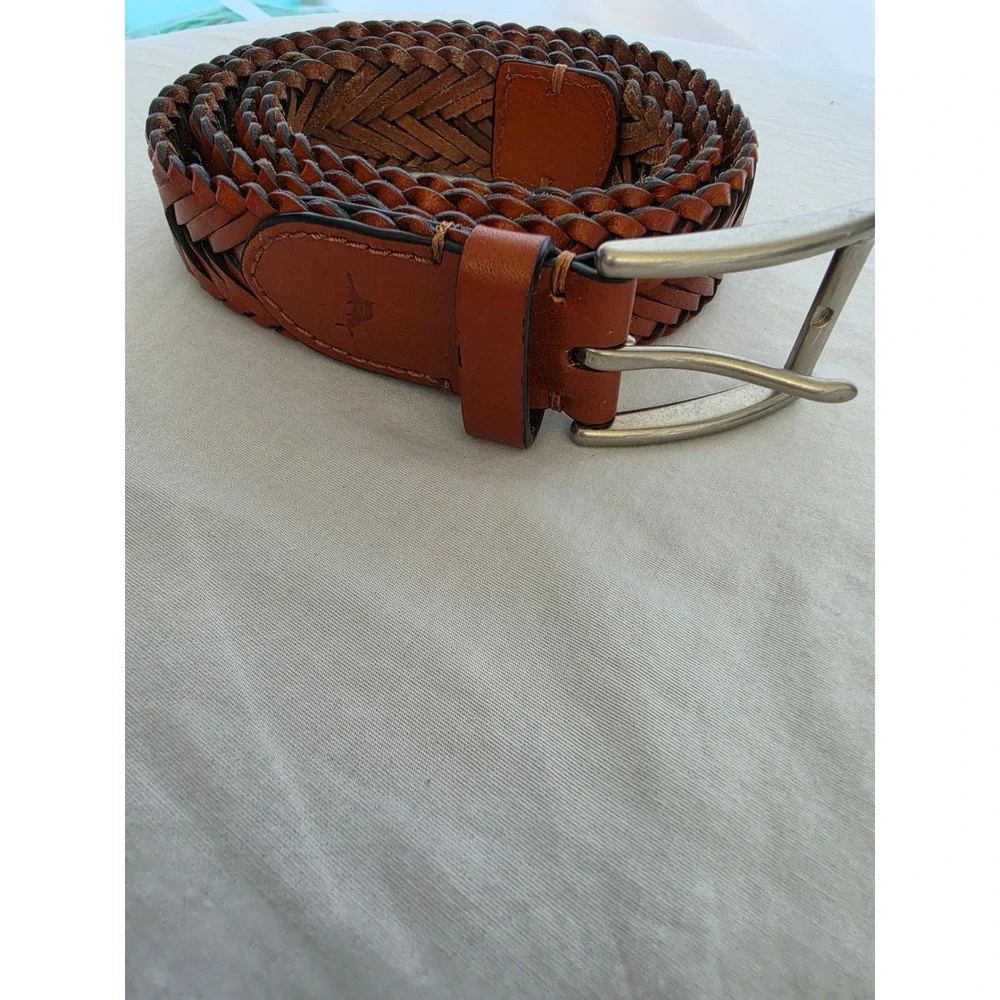 Tommy Bahama Mens‎ Cognac Brown Braided Leather Belt Silver Buckle Marlin Logo